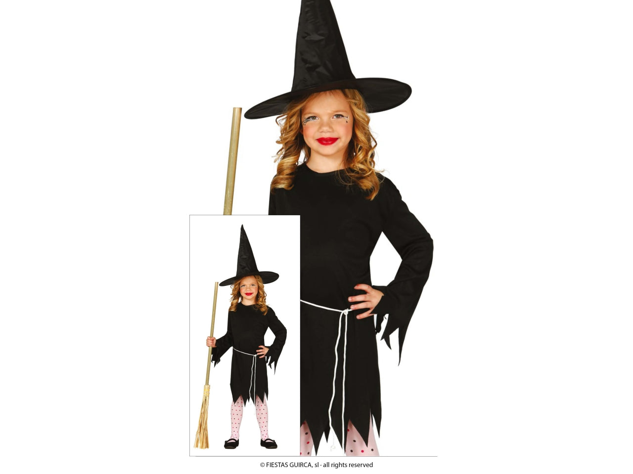 Costume bambina strega 3/4 anni vestito nero con cappello e cintura - Fiestas Guirca