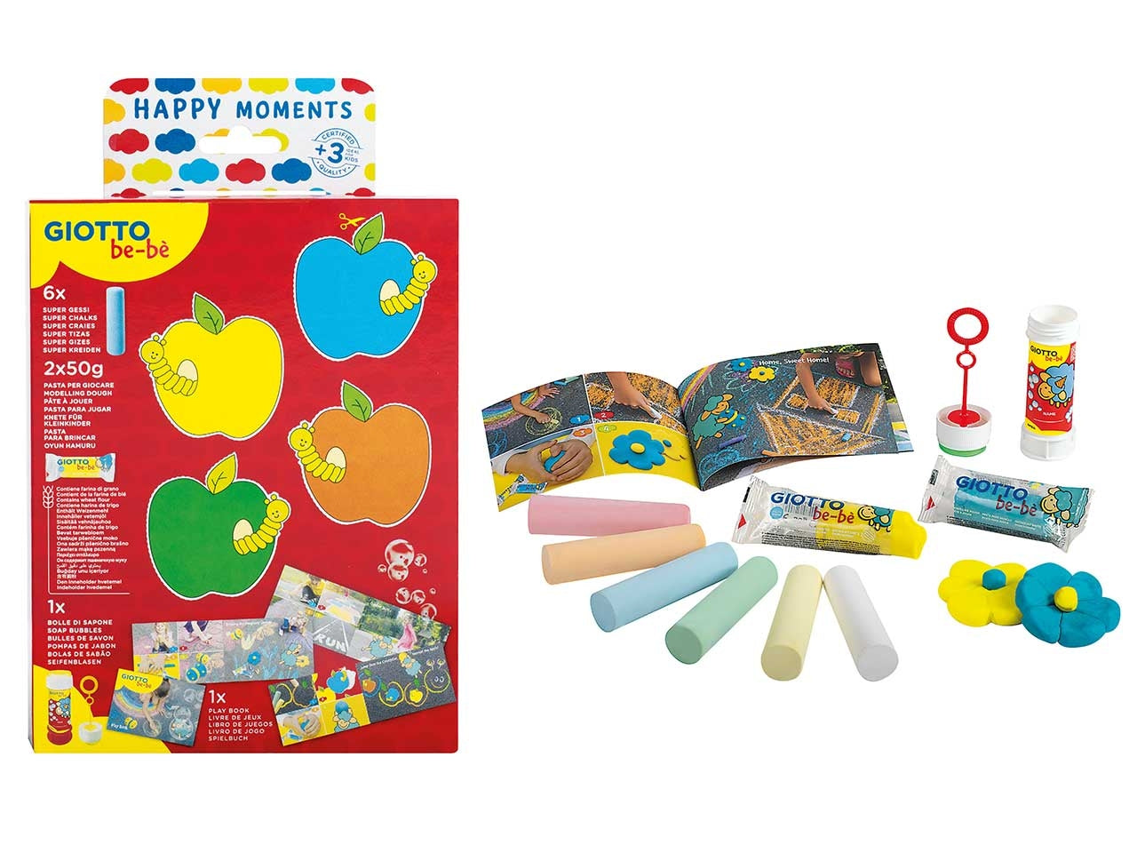 Set Giotto bè-bè Happy Moments con gessi, pasta modellabile per giocare e bolle di sapone - 17x6,5x22 cm - Made in Italy - Fila