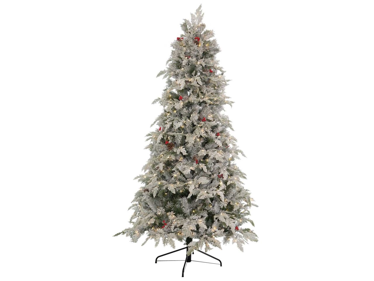 Albero di natale sole 210cm floccato con pigne e bacche 500led 916 rami luce calda e giochi luce