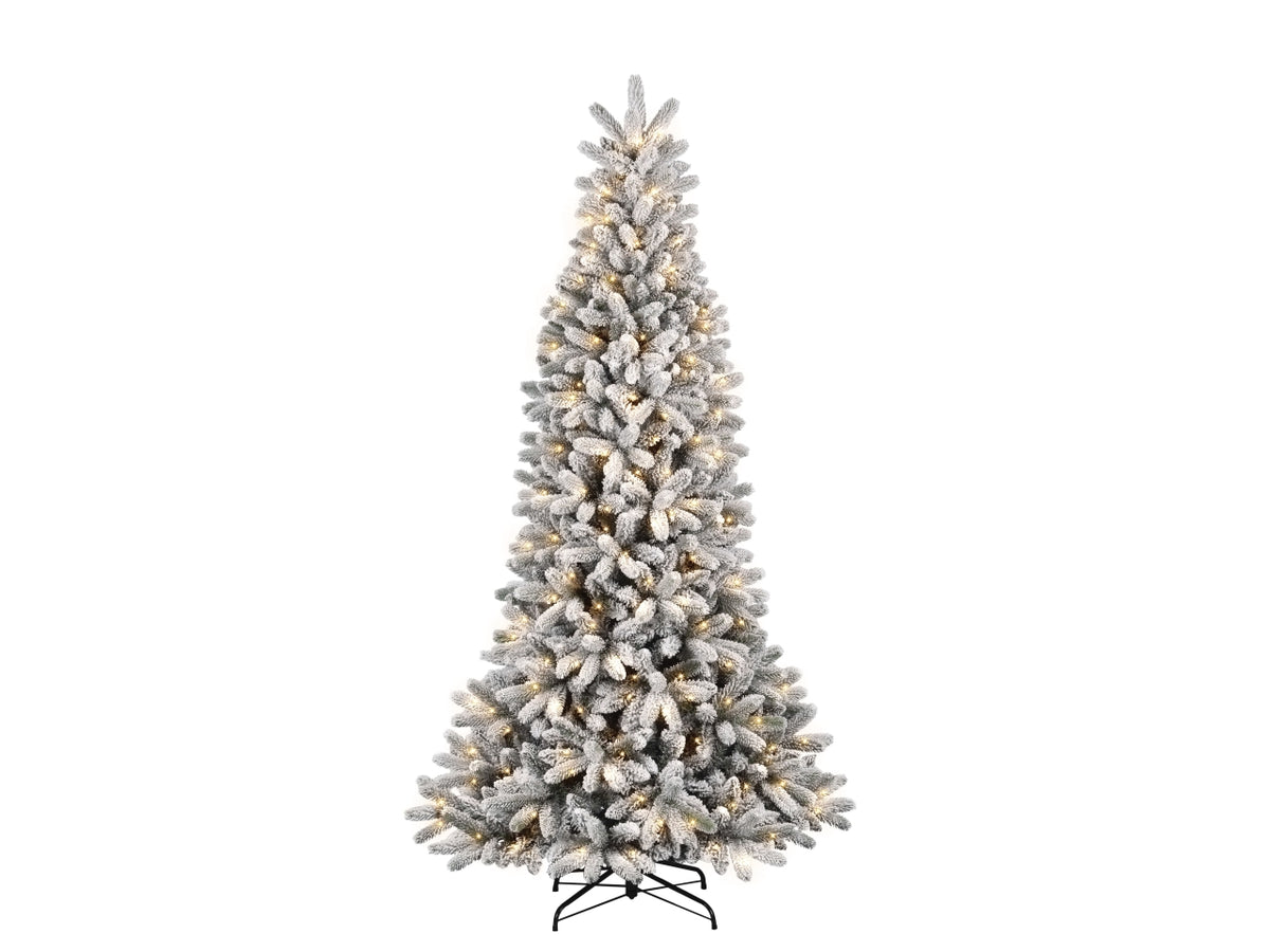Albero montecarlo floccato 210cm con 300led bianco caldo e giochi di luce 1140 rami diametro 104cm pe+pvc montaggio ad ombrello