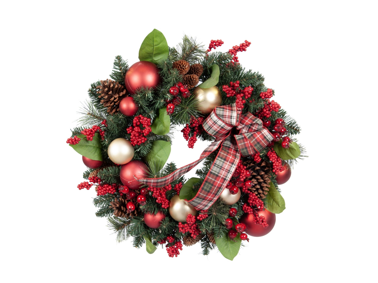 Corona 60cm con pigne, sfere, bacche rosse e nastro scozzese