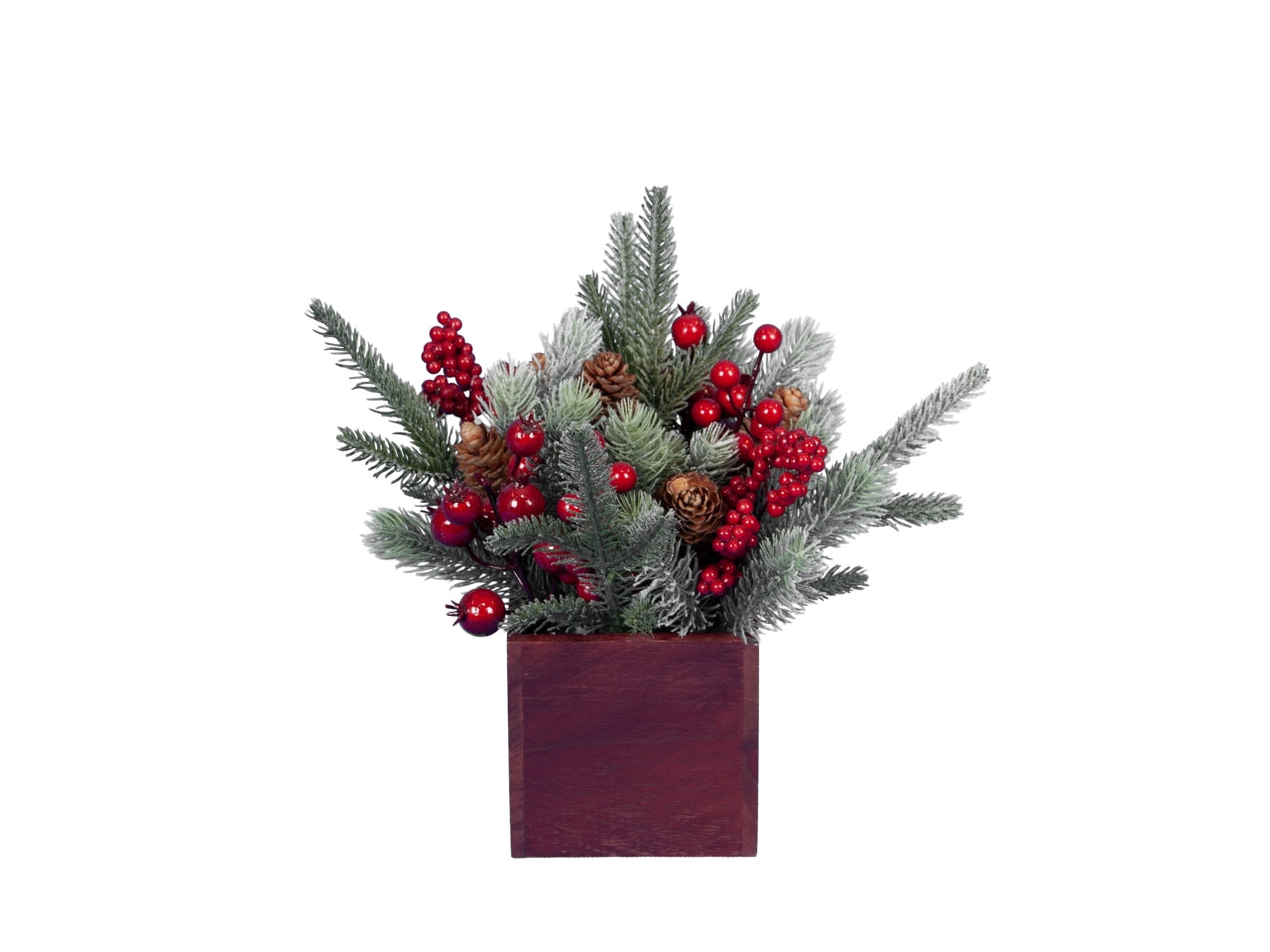 Vasetto quadrato natalizio 12,5x12,5xh.30cm con pigne/bacche rosse