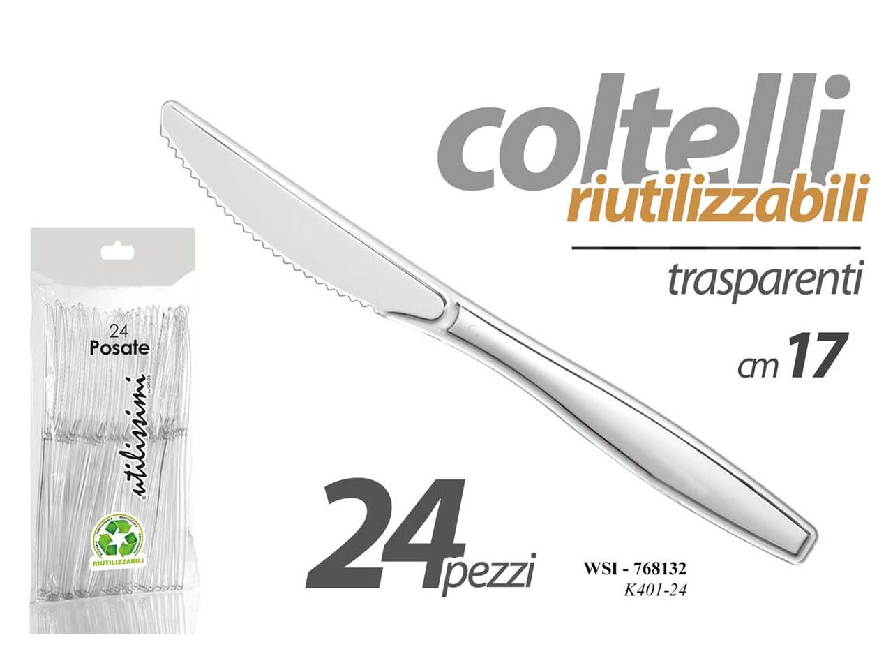 Coltelli riutilizzabili 17cm in plastica trasparente - la confezione contiene 24 coltelli