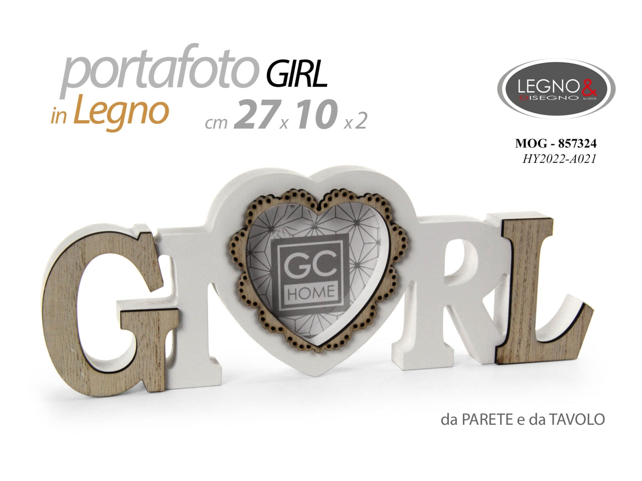 Decorazione da tavolo e parete in legno con portafoto scritta girl 27x10x1,8cm