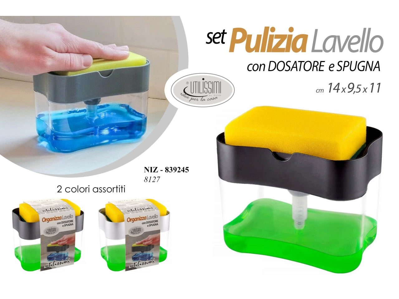 Set pulizia lavello con dosatore e spugna misure 14x10x11cm disponibile in 2 colorazioni