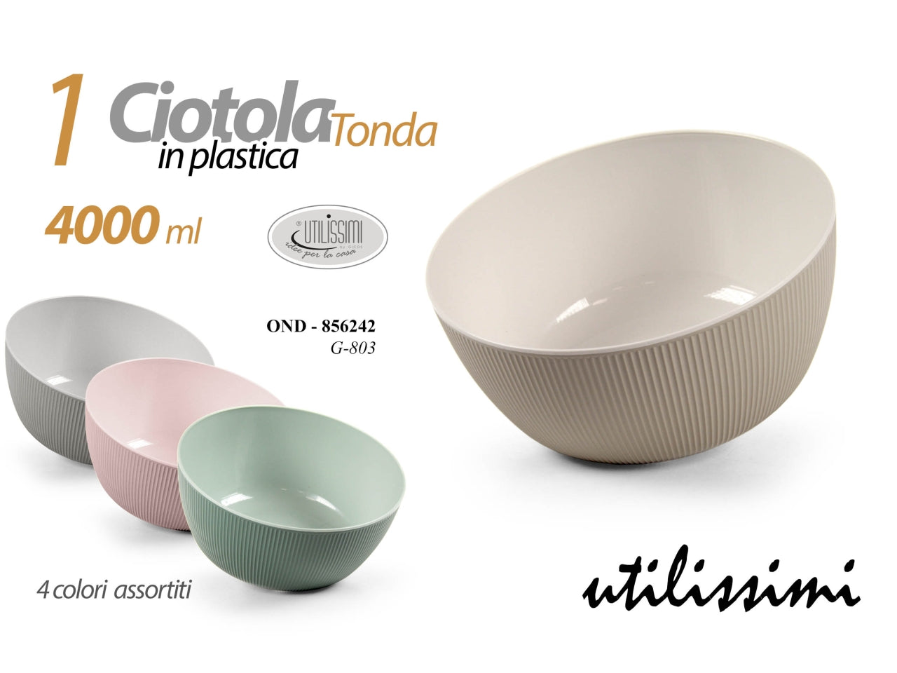 Ciotola tonda in plastica 4lt con zigrinatura esterna in 4 colori tenui assortiti - Utilissimi