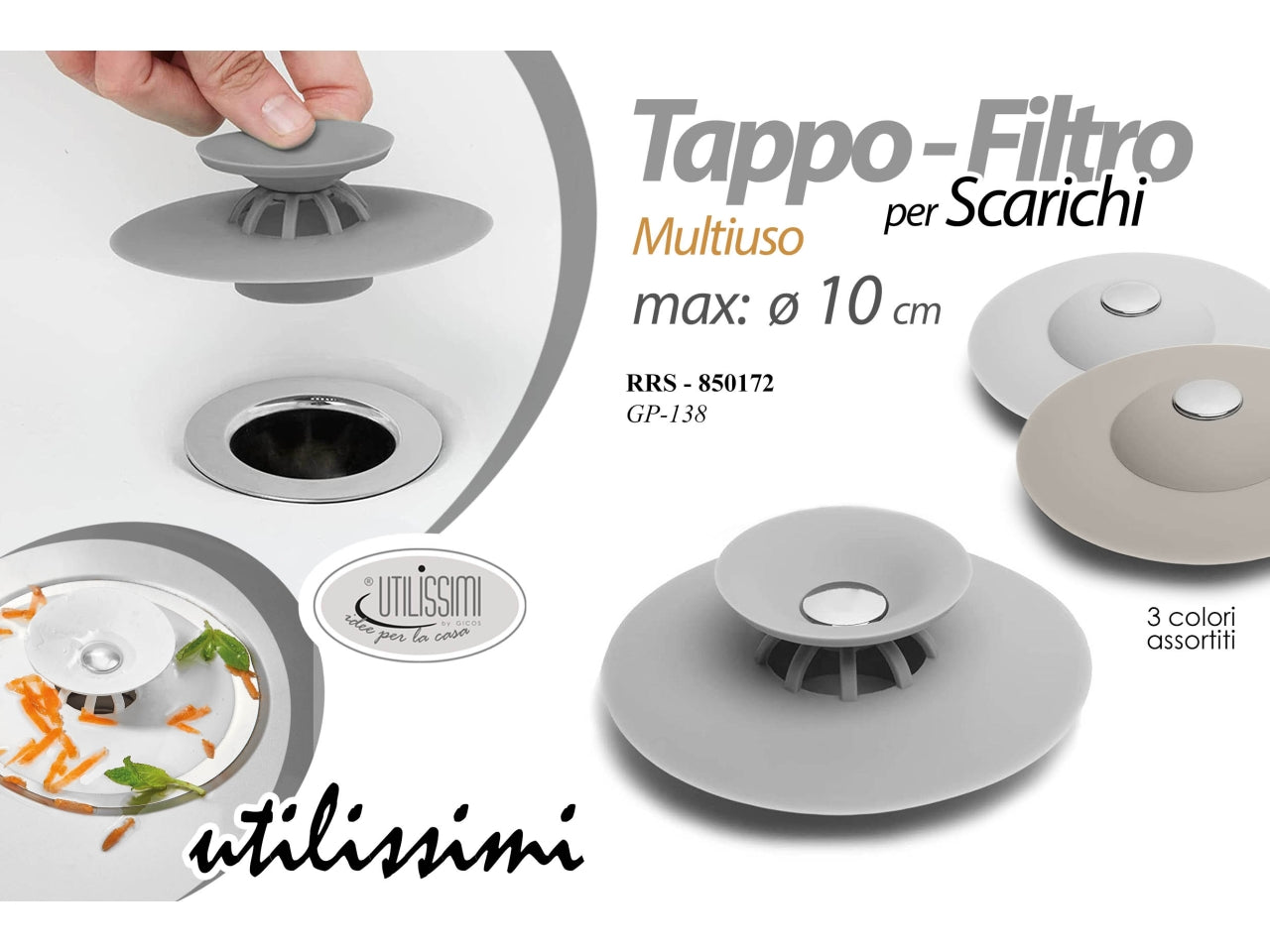 Tappo - filtro multiuso per scarichi diametro 10cm - disponibile in 3 colori