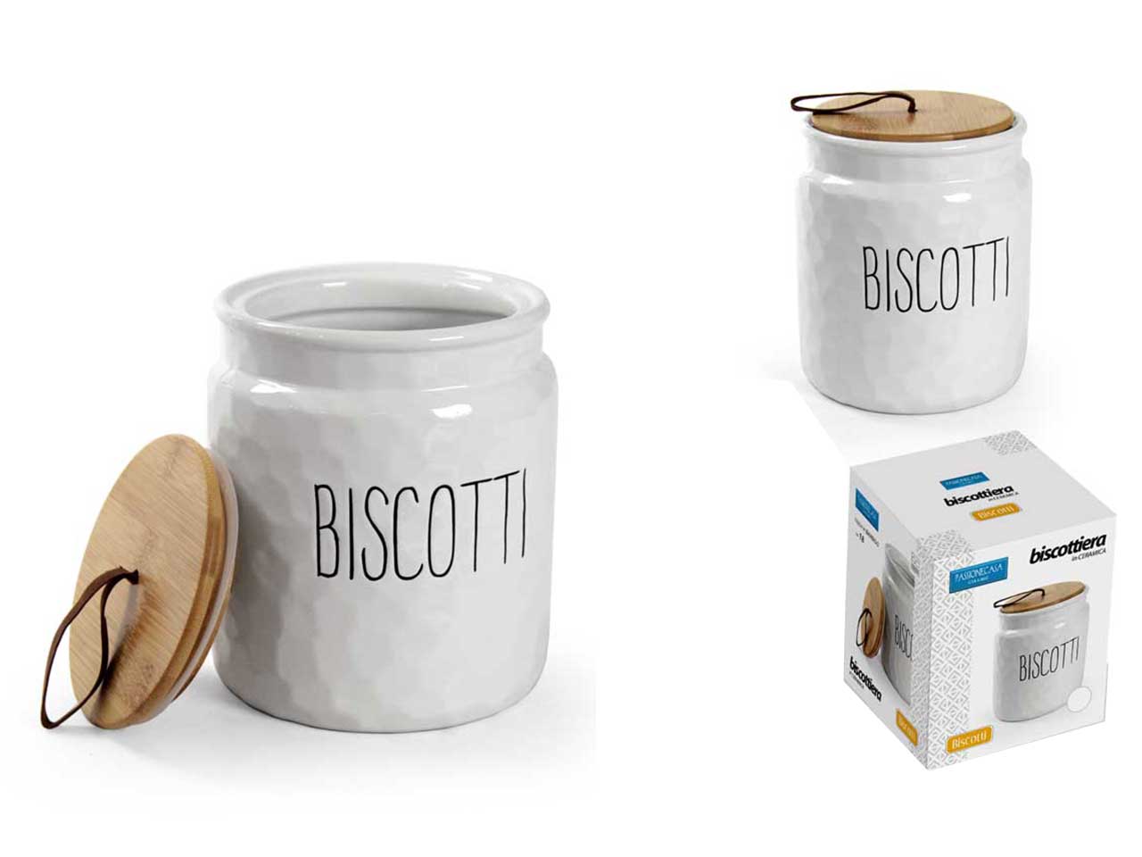 Biscottiera shabby chic in ceramica e bamboo di colore bianco 15x18 cm - Passionecasa