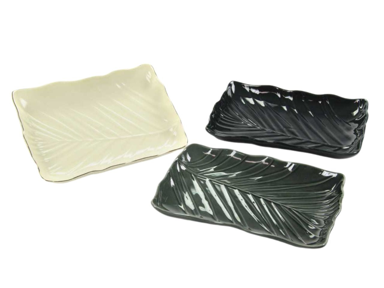 Vassoio rettangolare in ceramica stile jungle in 3 colori assortiti, strutturato a foglia, 17,5x25 cm - Passionecasa