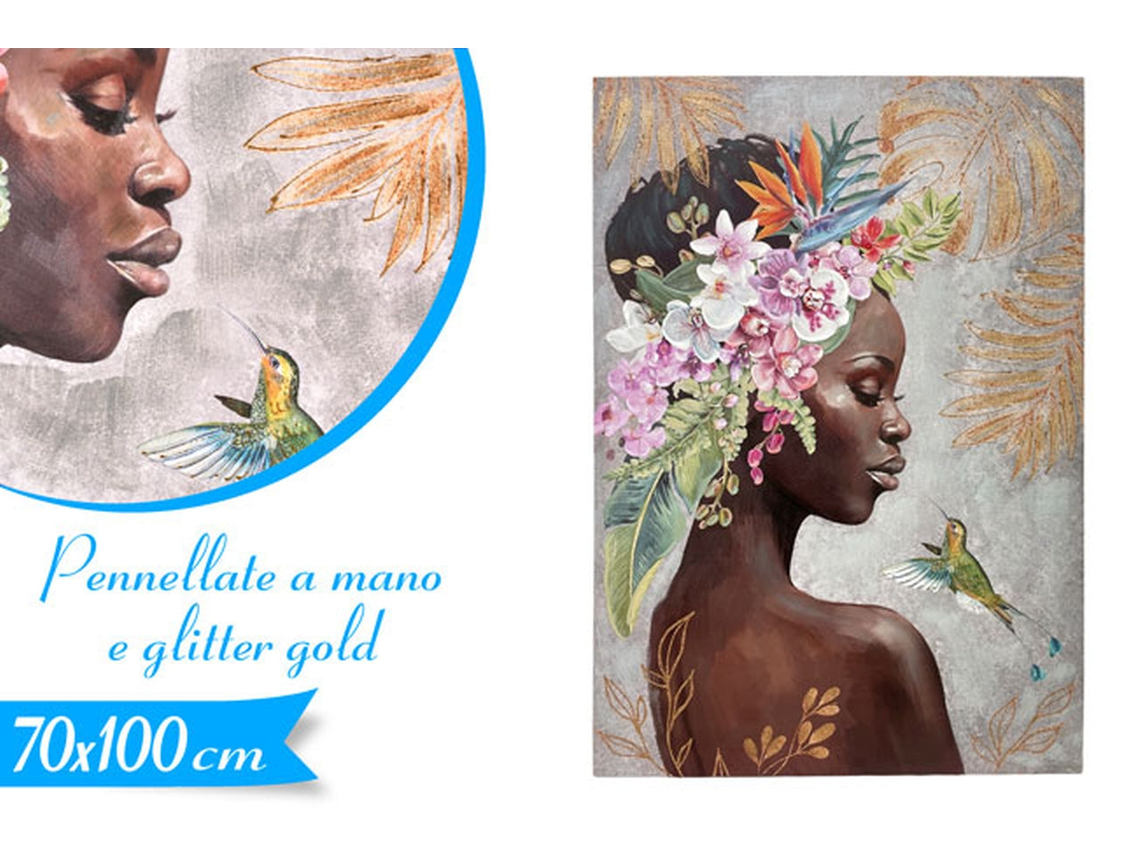 Quadro da parete etnico viso donna con pennellate a mano e glitter oro, senza cornice 100x70 cm - Golden Hill