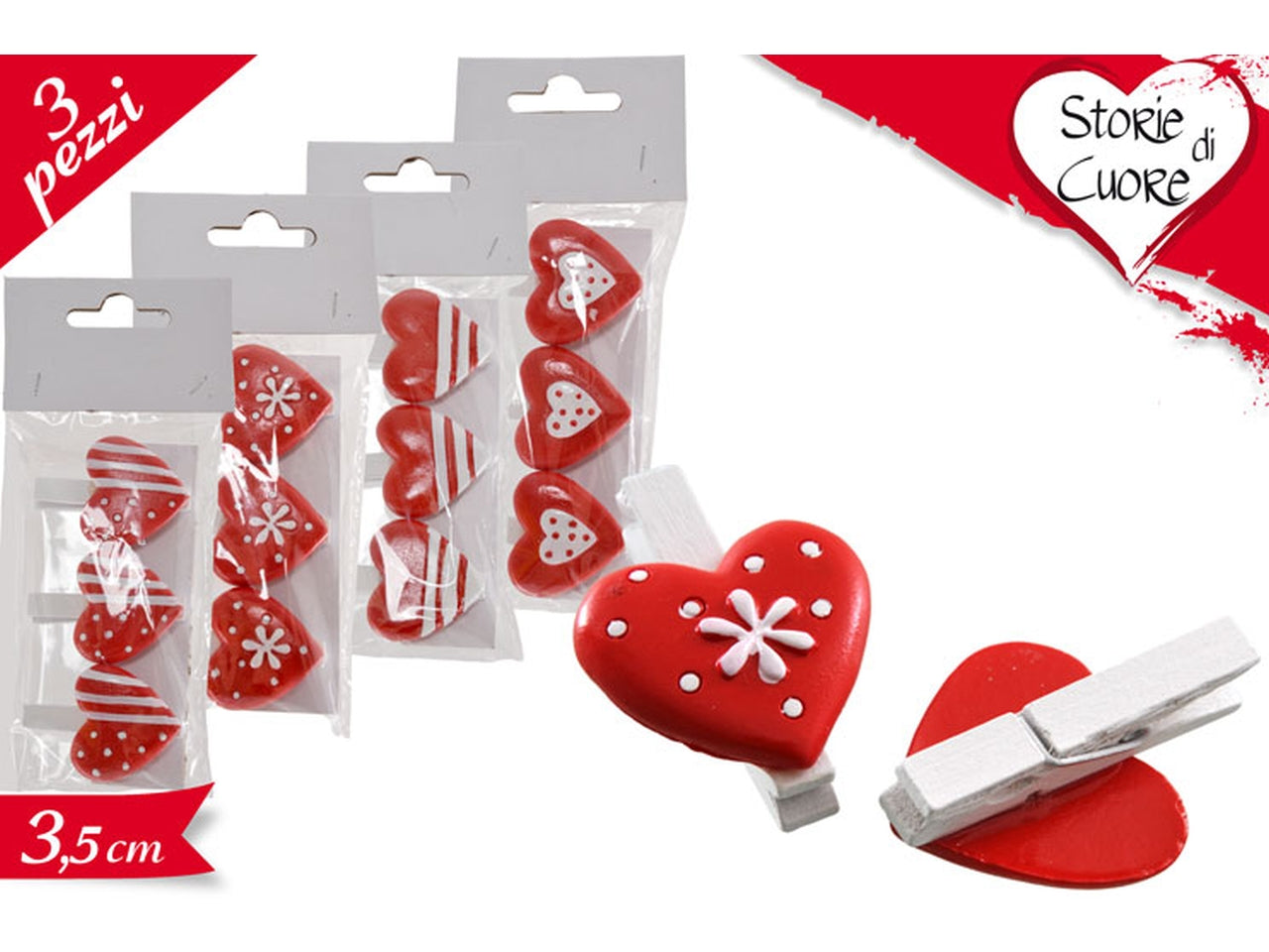 Mollettine cuore 3,5cm set da 3 mollettine assortite