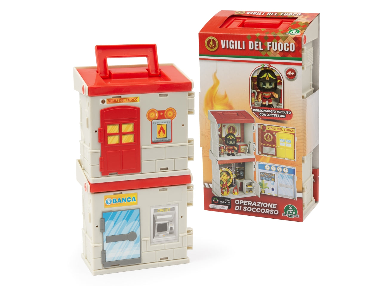 Vigili del fuoco stazione con personaggio - Stazione dei Vigili del Fuoco con edificio in fiamme. I - Giochi Preziosi