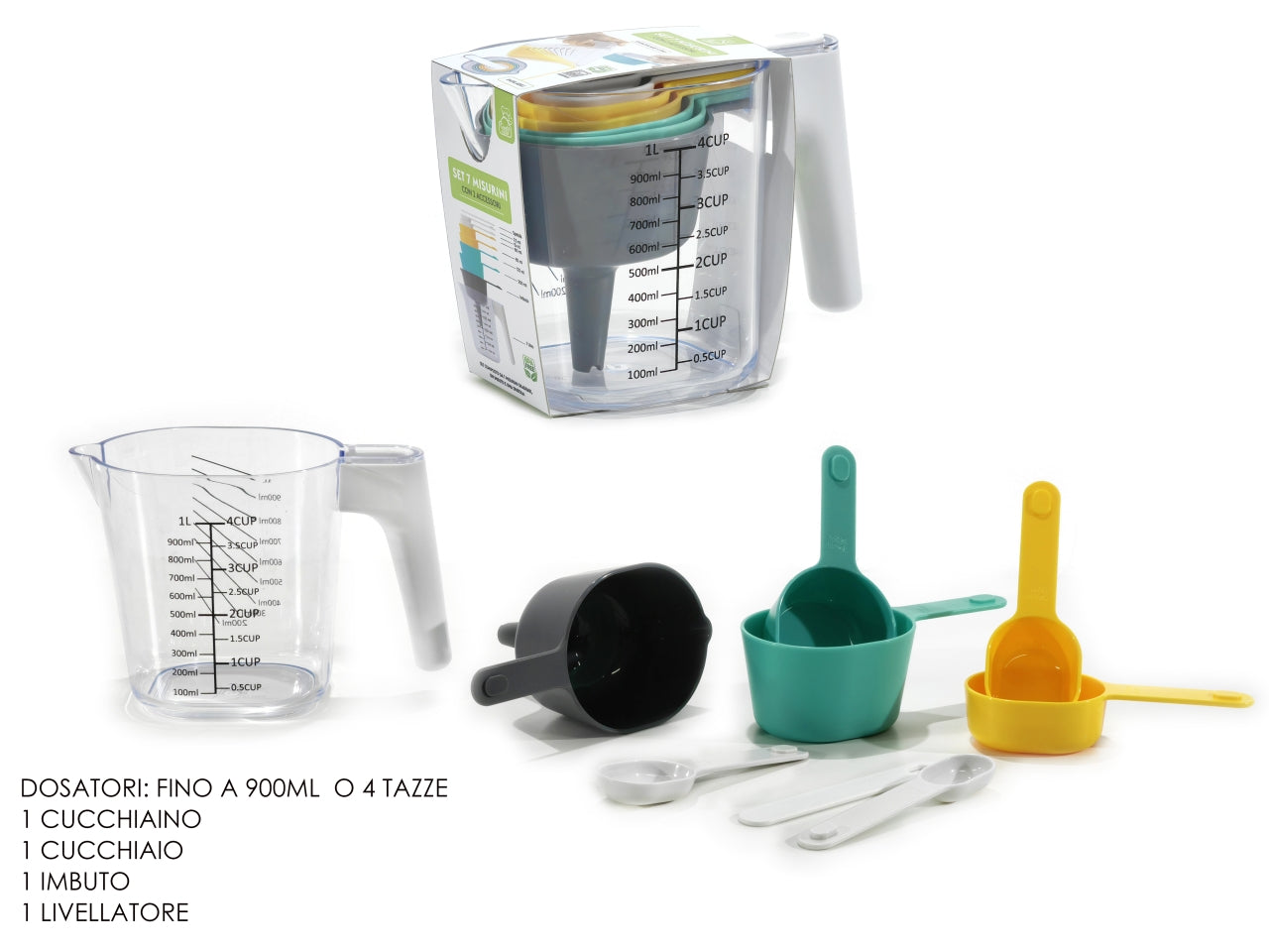 Misurino da 1lt con 8 accessori colorati- la confezione comprende un misurino, 1 cucchiaino, 1 cucchiaio, 1 imbuto e 1 livellatore