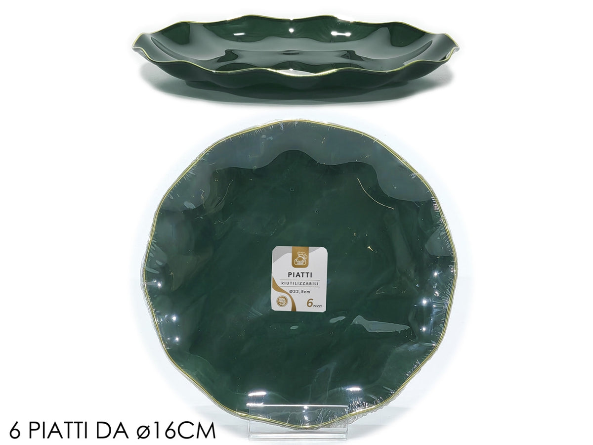 Piatti 16cm in plastica verde con bordo oro, confezione da 6 piatti