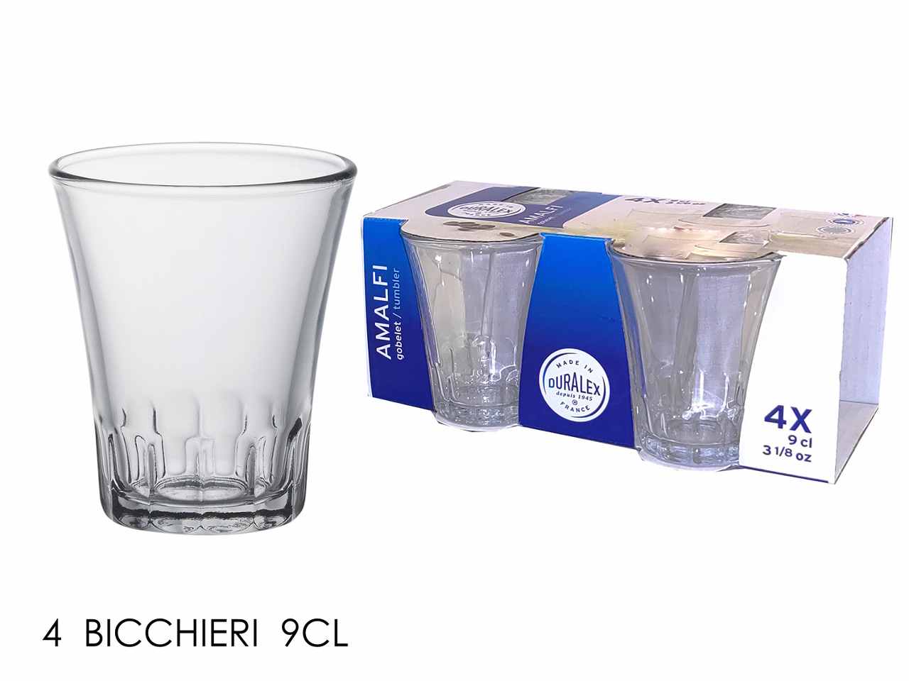 Bicchieri in vetro temperato trasparente linea amalfi 9cl 4 pezzi