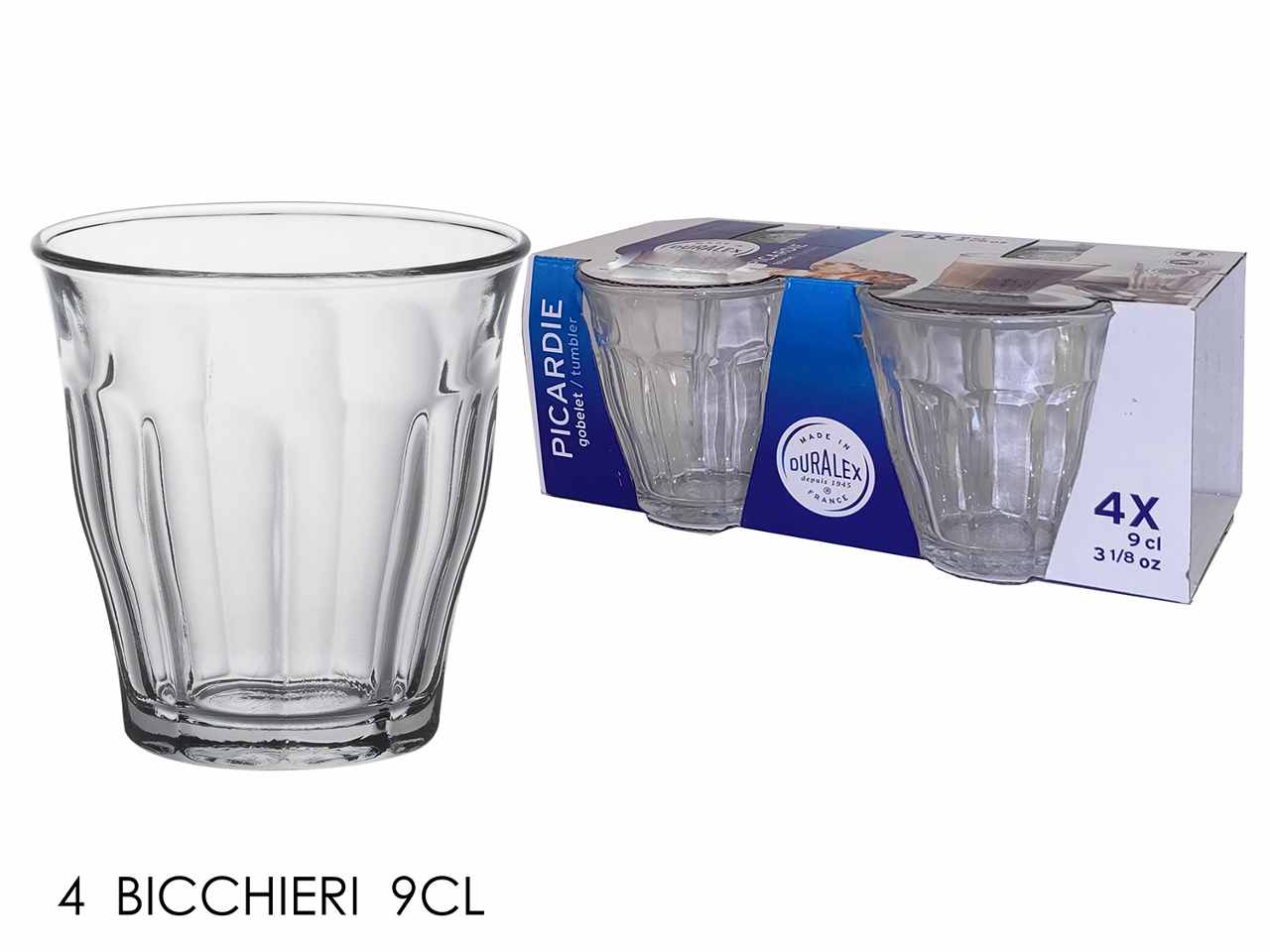 Bicchieri in vetro temperato trasparente linea picardie 9cl 4 pezzi