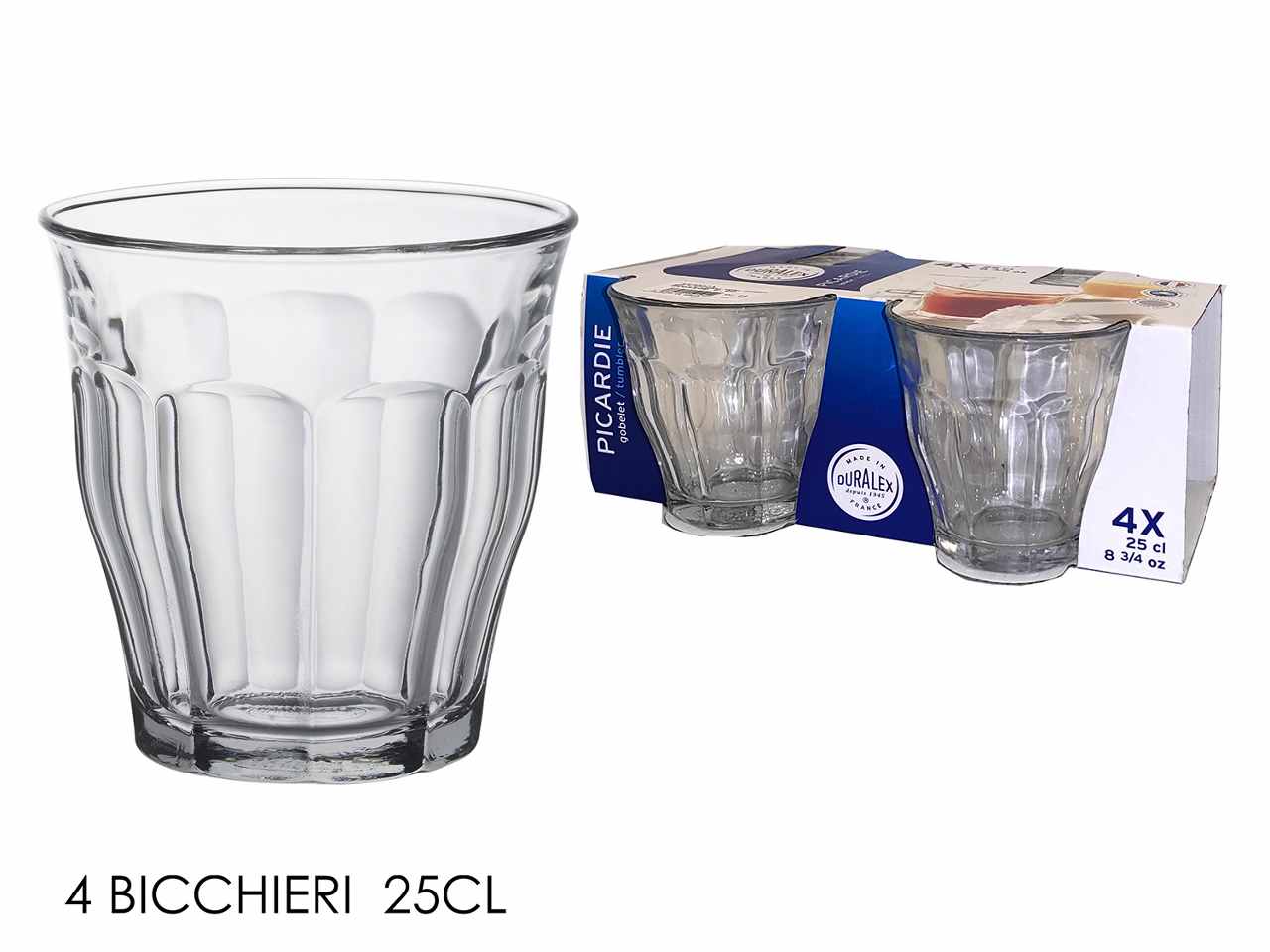 Bicchieri in vetro temperato trasparente linea picardie 25cl 4 pezzi