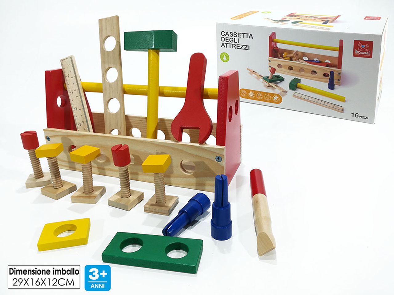 Cassetta degli attrezzi in legno con 20 accessori