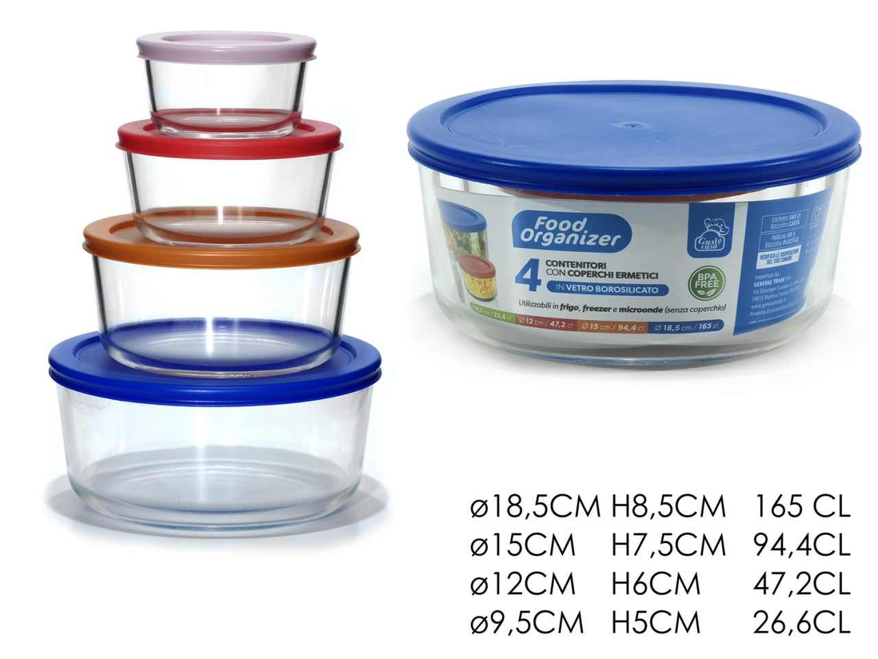 Contenitore ermetico tondo in vetro borosilicato, set da 4 - Gustocasa