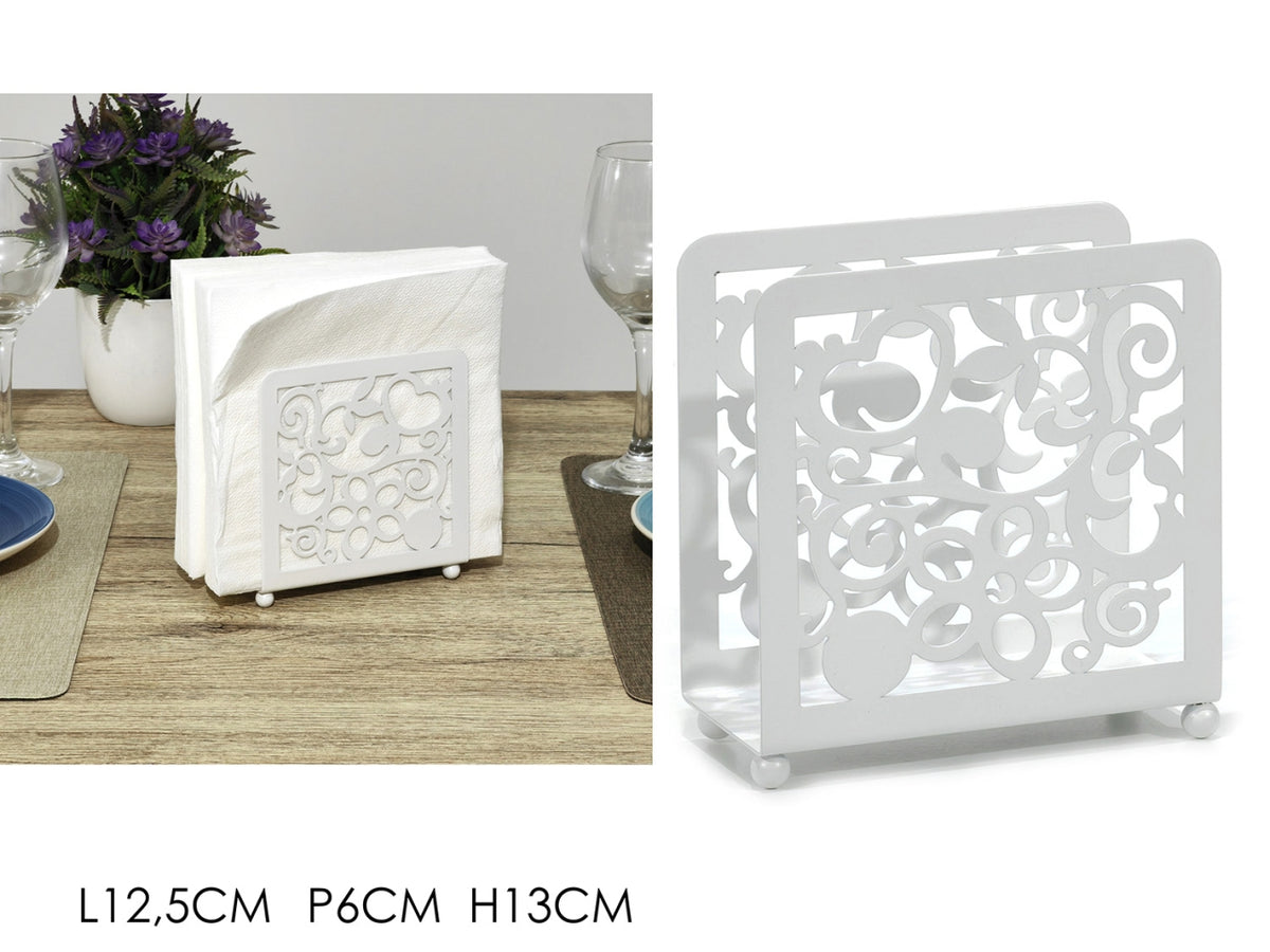 Portatovaglioli shabby chic in metallo bianco con cuori e rose stilizzate 12,5x5,5x13 cm - Gusto Casa