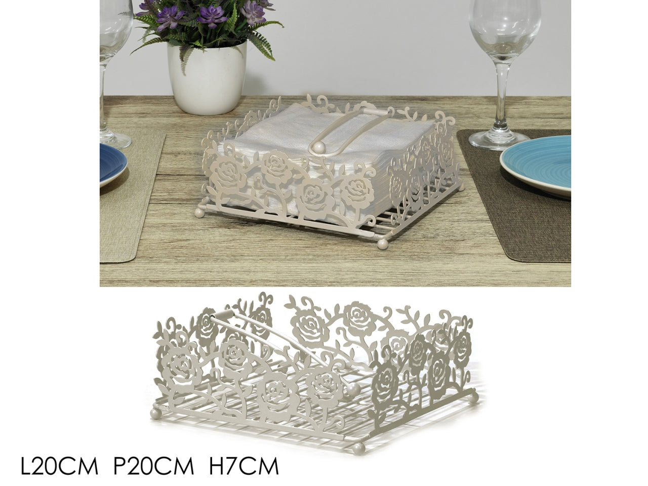 Portatovaglioli moderno in metallo tortora con rose stilizzate 20x20x7 cm - Gusto Casa