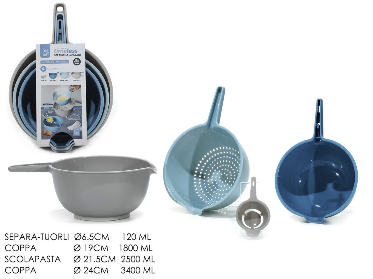 Set colini da cucina 4 pezzi separa tuorli, coppe e scolapasta, in plastica colori assortiti, impilabili e lavabili in lavastoviglie - General Trade