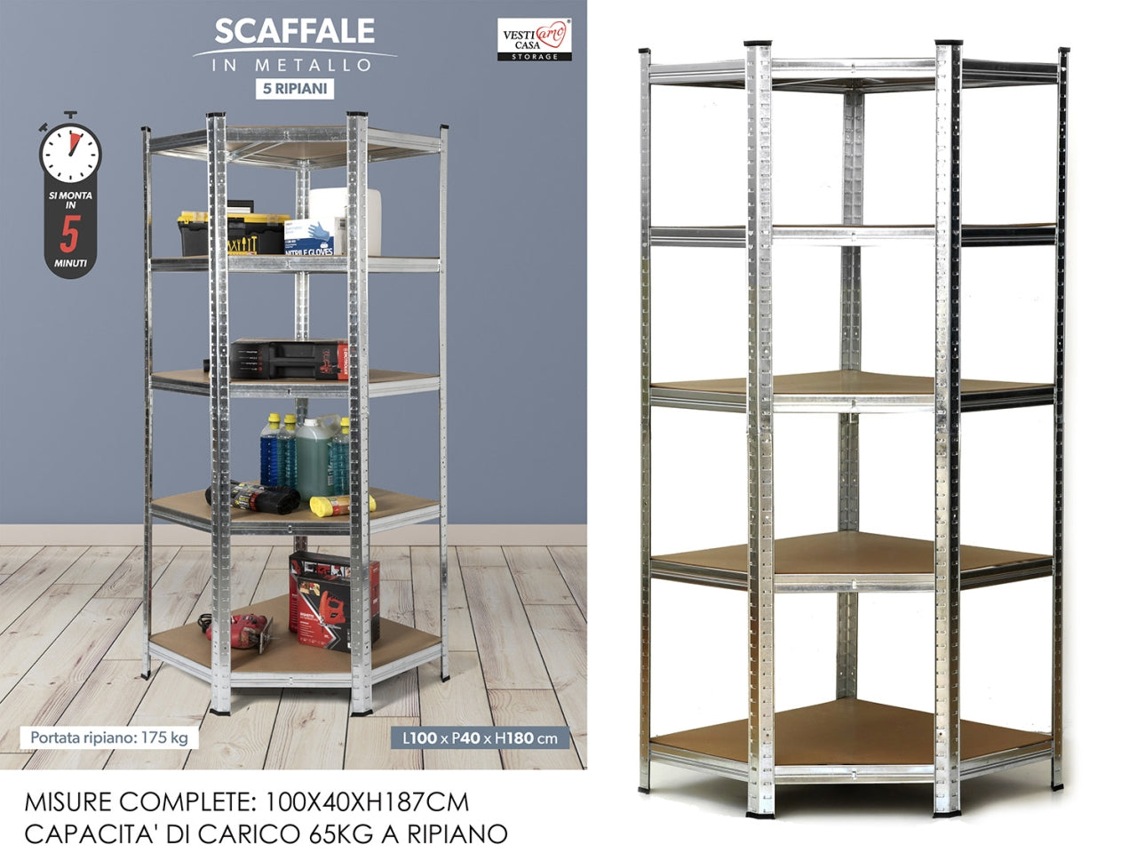 Scaffale angolare in mdf e metallo 100x40xh.180 cm con 5 ripiani - Gusto Casa