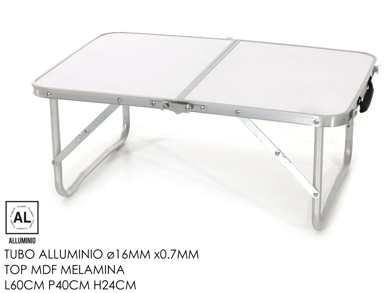 Tavolino pieghevole 60x40x24cm con top in mdf melamina e tubo in alluminio