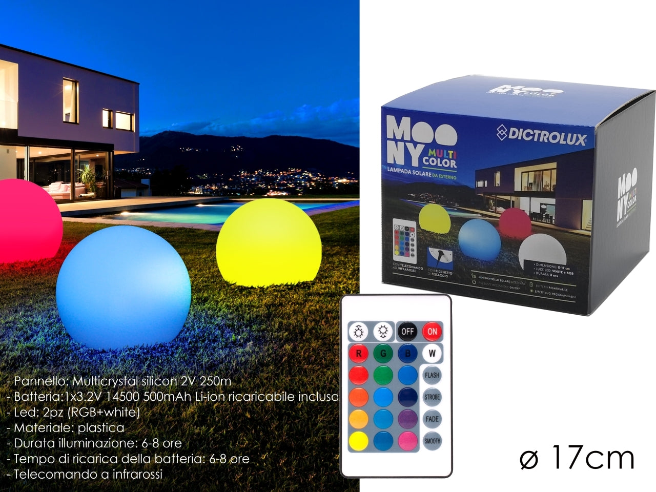 Lampada sfera solare d.17cm con telecomando