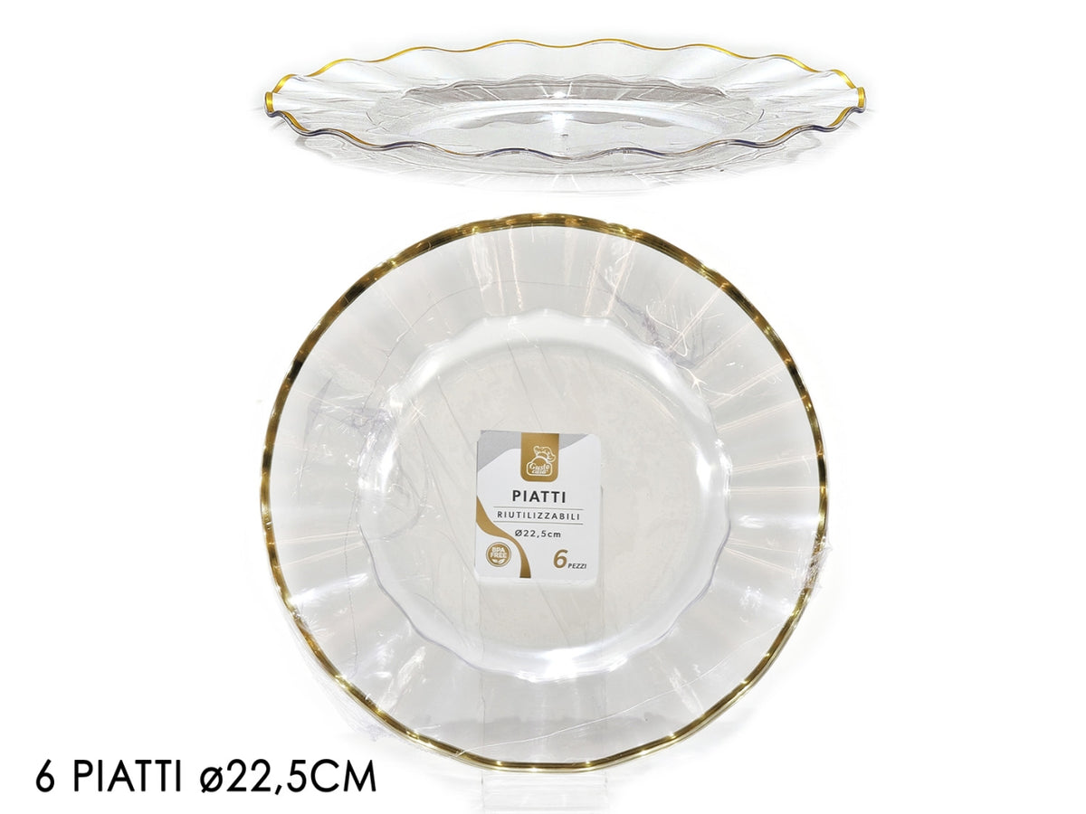Piatti 22,5cm in plastica trasparente con bordo oro, confezione da 6 piatti