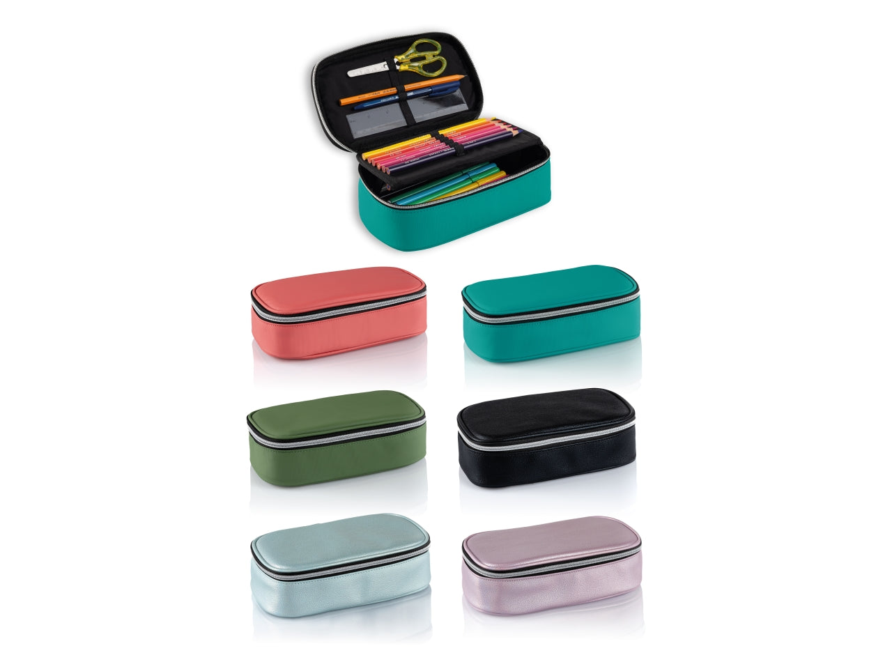 Astuccio portapenne ovale xl con 12 pastelli e 18 pennarelli