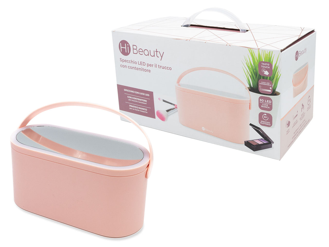 Beauty case da donna in plastica abs rosa con led e specchio 23.5x10.4x11.6 cm - Ibs