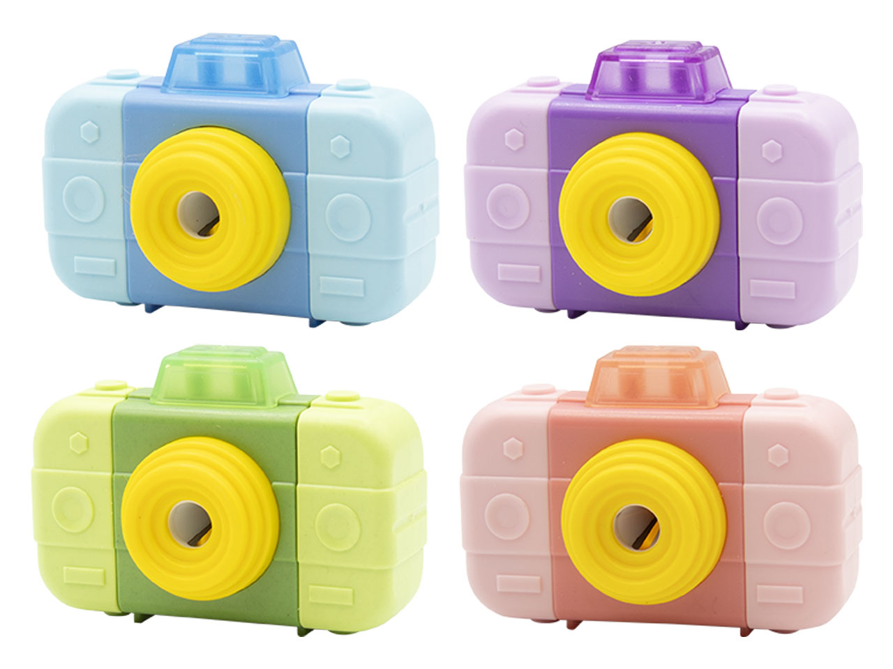 Temperamatite con gomma a forma di macchina fotografica 2 in 1