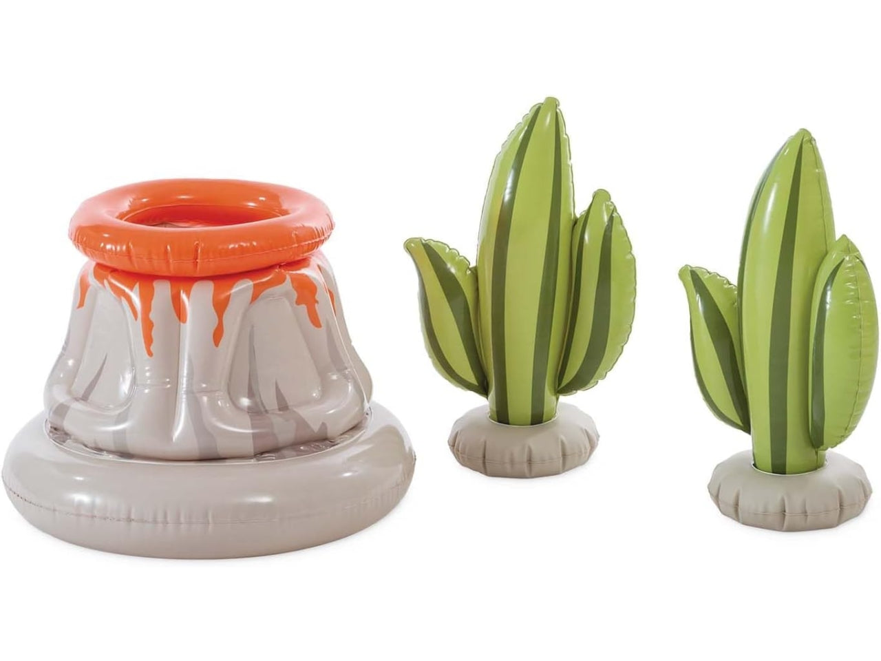 Piscina gonfiabile Jurassic con gioco a 6 palline, 3 dinosauri e 2 cactus multicolor in vinile, 201x201x36 cm - Intex