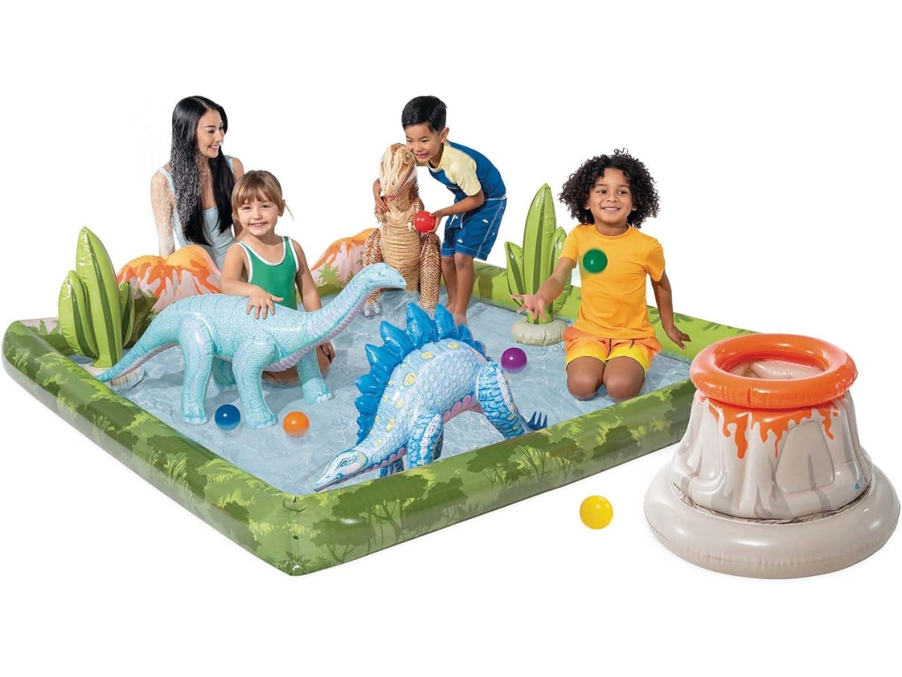 Piscina gonfiabile Jurassic con gioco a 6 palline, 3 dinosauri e 2 cactus multicolor in vinile, 201x201x36 cm - Intex
