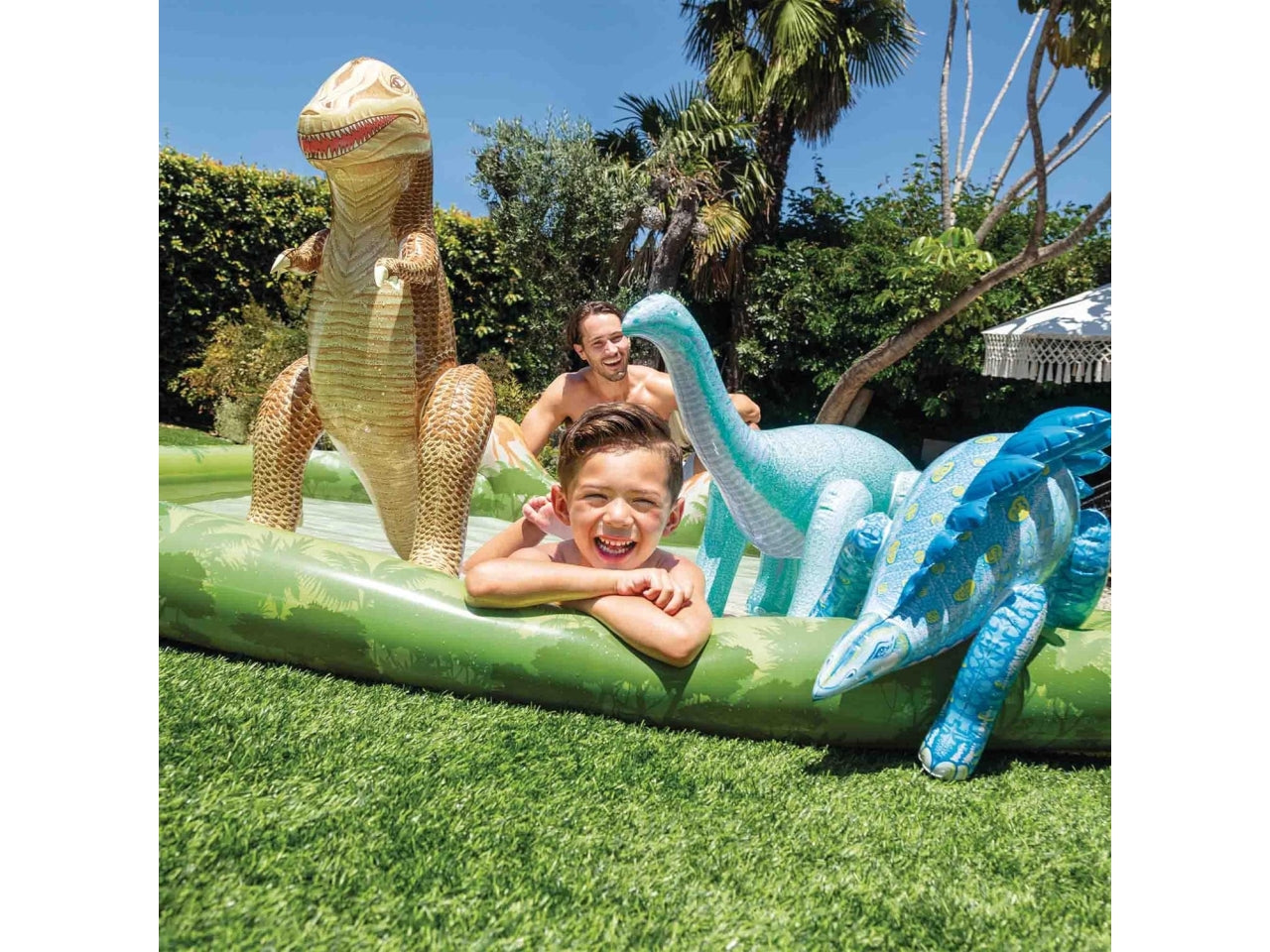 Piscina gonfiabile Jurassic con gioco a 6 palline, 3 dinosauri e 2 cactus multicolor in vinile, 201x201x36 cm - Intex