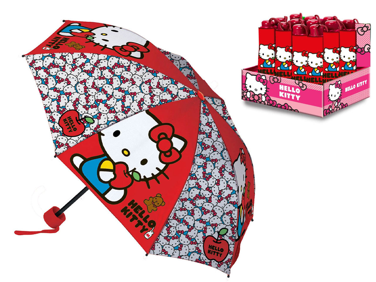 Ombrello pieghevole Hello Kitty rosso e bianco per bambina con apertura manuale 57 cm - Coriex