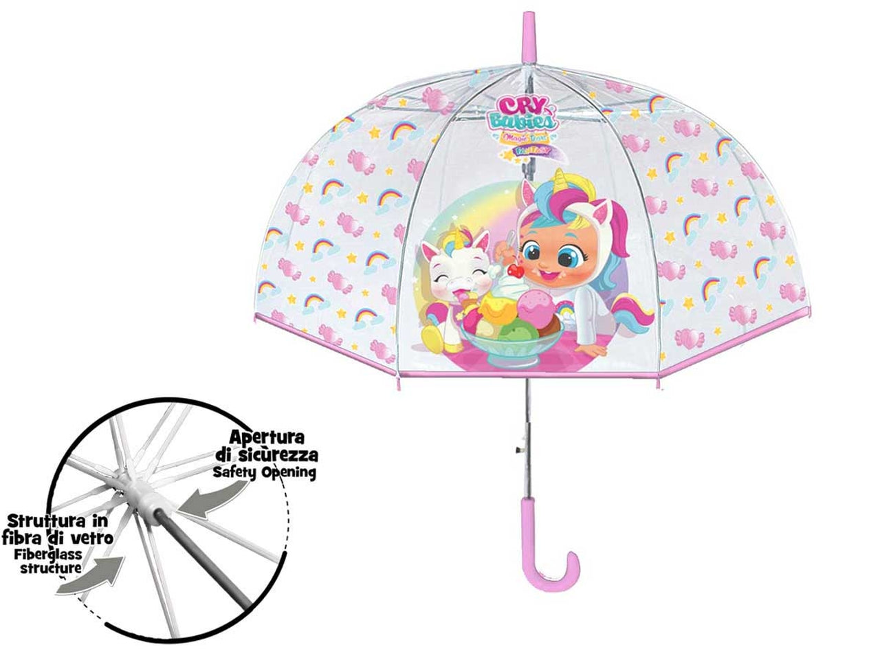 Ombrello trasparente Cry Babies per bambina in pvc e fibra di vetro rosa 60 cm - Coriex