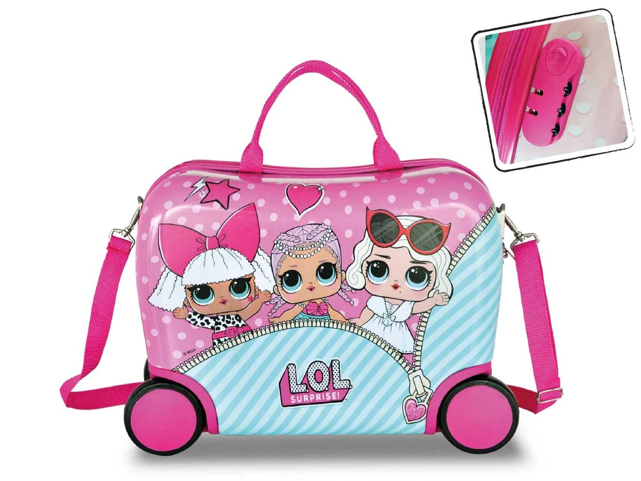 Trolley bagaglio a mano cavalcabile LOL in abs e metallo rosa, 42x31x21 cm