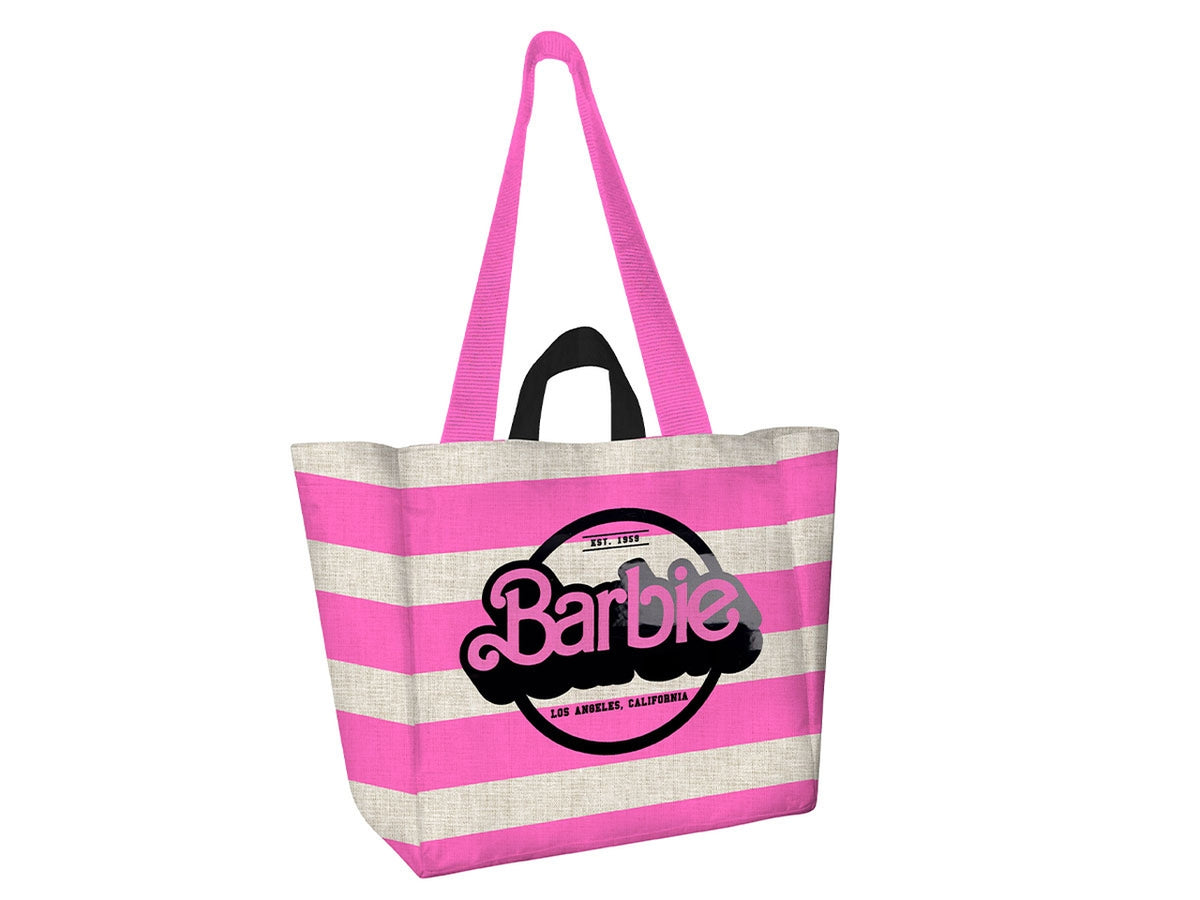 Borsa mare Barbie in tessuto canvas colorata a righe fucsia, bianco e grigio 34x37x18.5 cm - Coriex