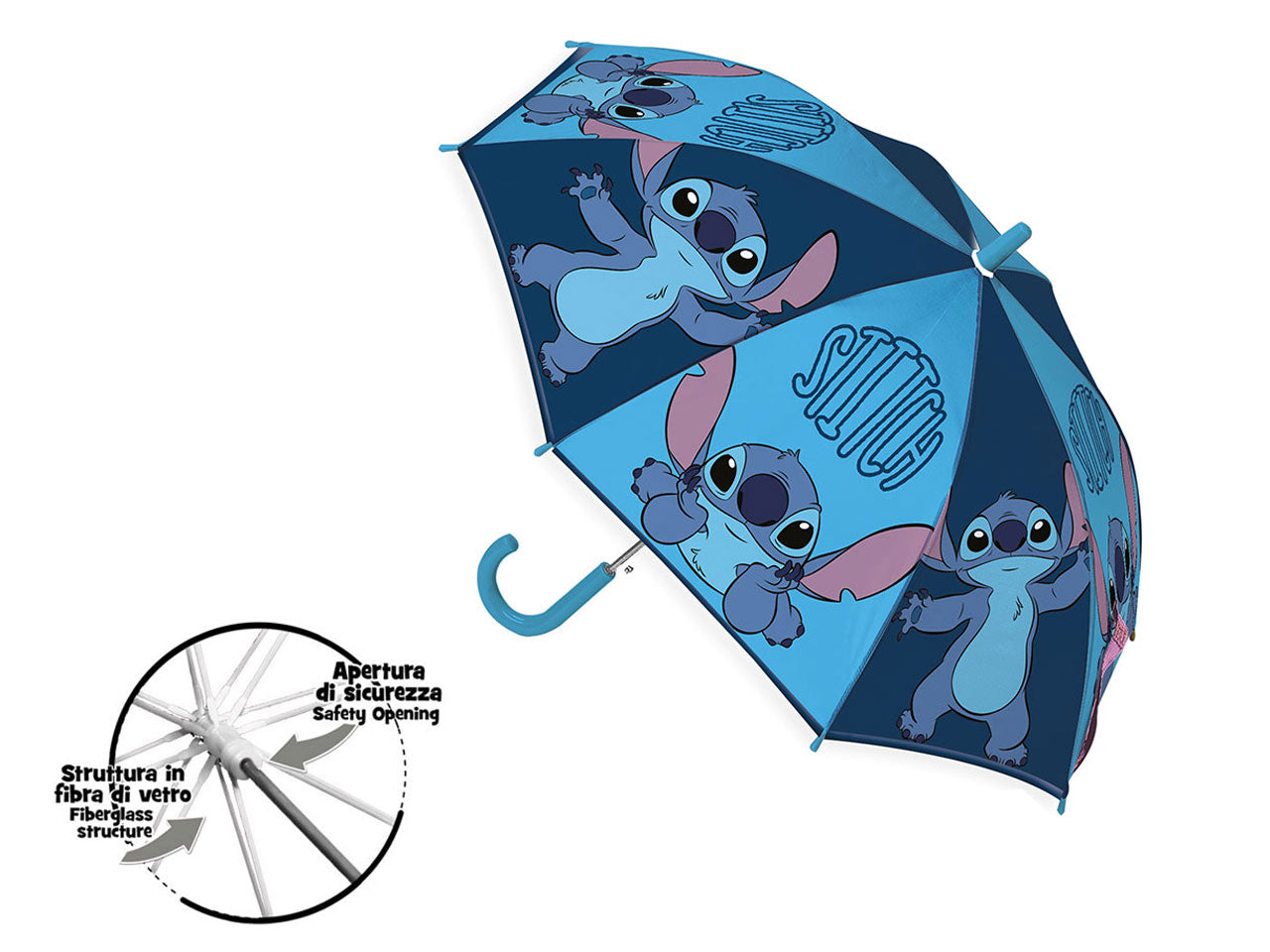 Stitch ombrello lungo per bambini apertura manuale blu e celeste 62 cm - Coriex