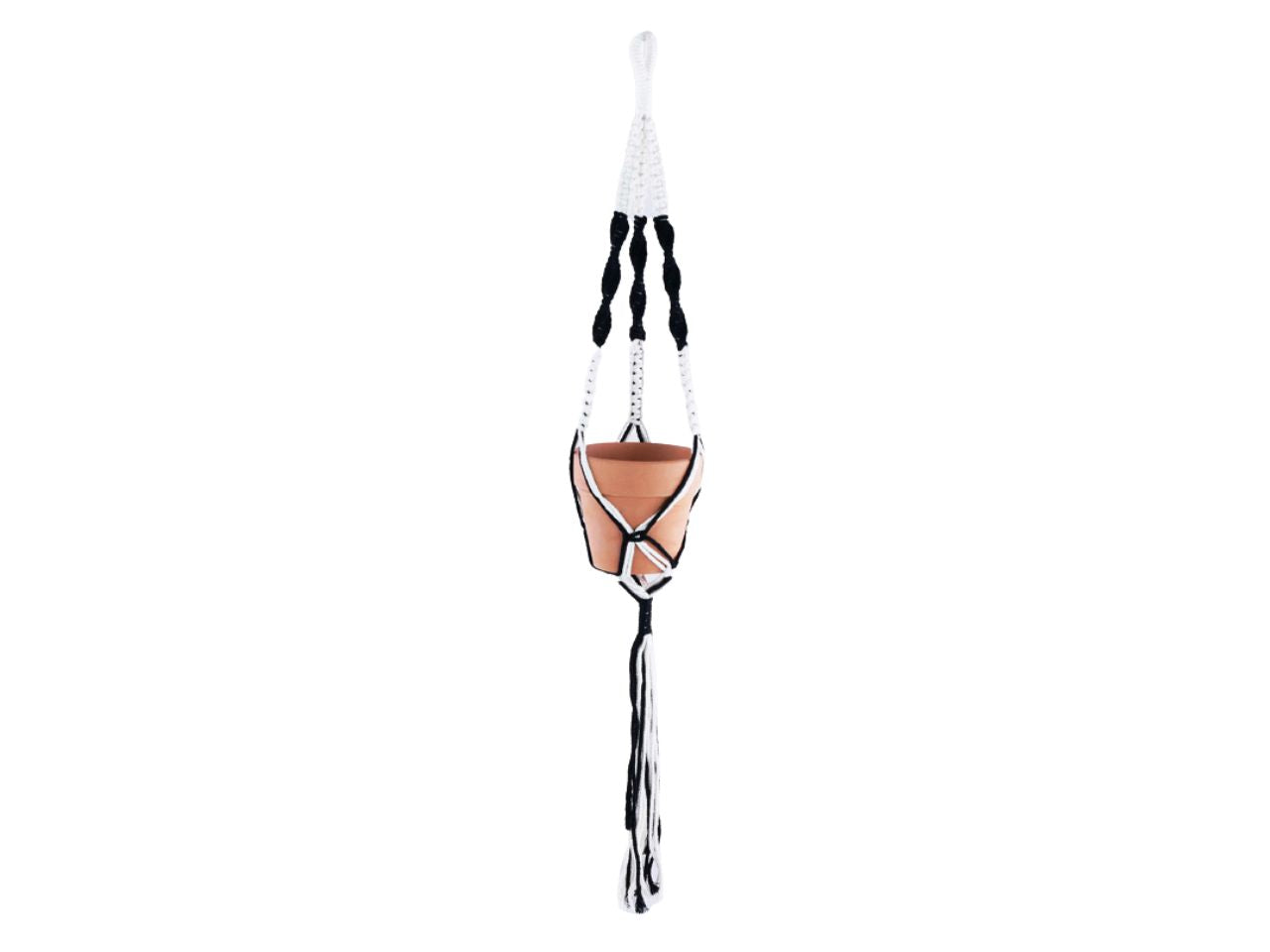 Portavaso a sospensione macrame' beige e nero d.12x75cm in terracotta