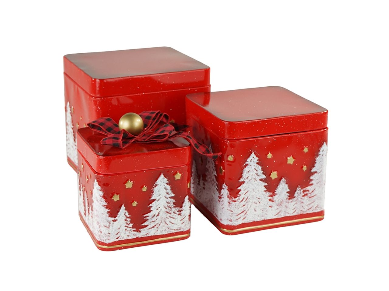Scatole colore rosso con decorazioni alberi innevati in metallo - la confezione comprende 3 scatole