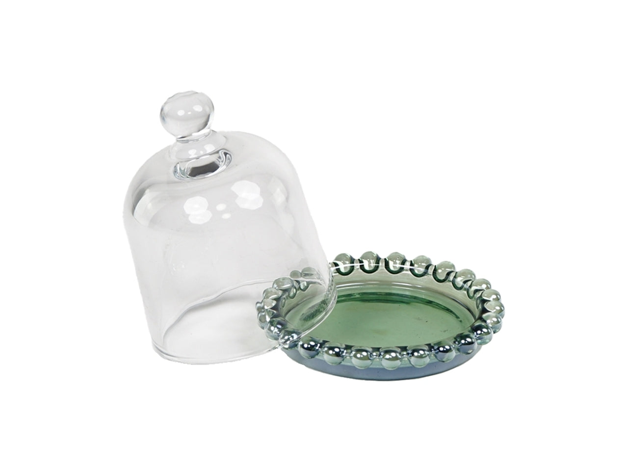 Vassoio tondo verde in vetro con cupola, per bomboniera, moderno - 10x9 cm - Plà thea