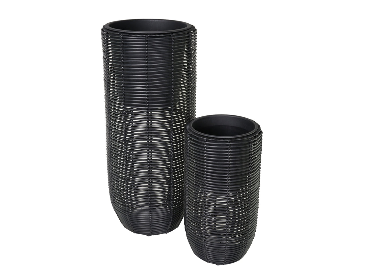 Set 2 vasi moderni da arredo in plastica nera forma cilindrica con lavorazione PVC - altezza 91 cm / 56 cm, diametro 38 cm / 30 cm - Plà thea