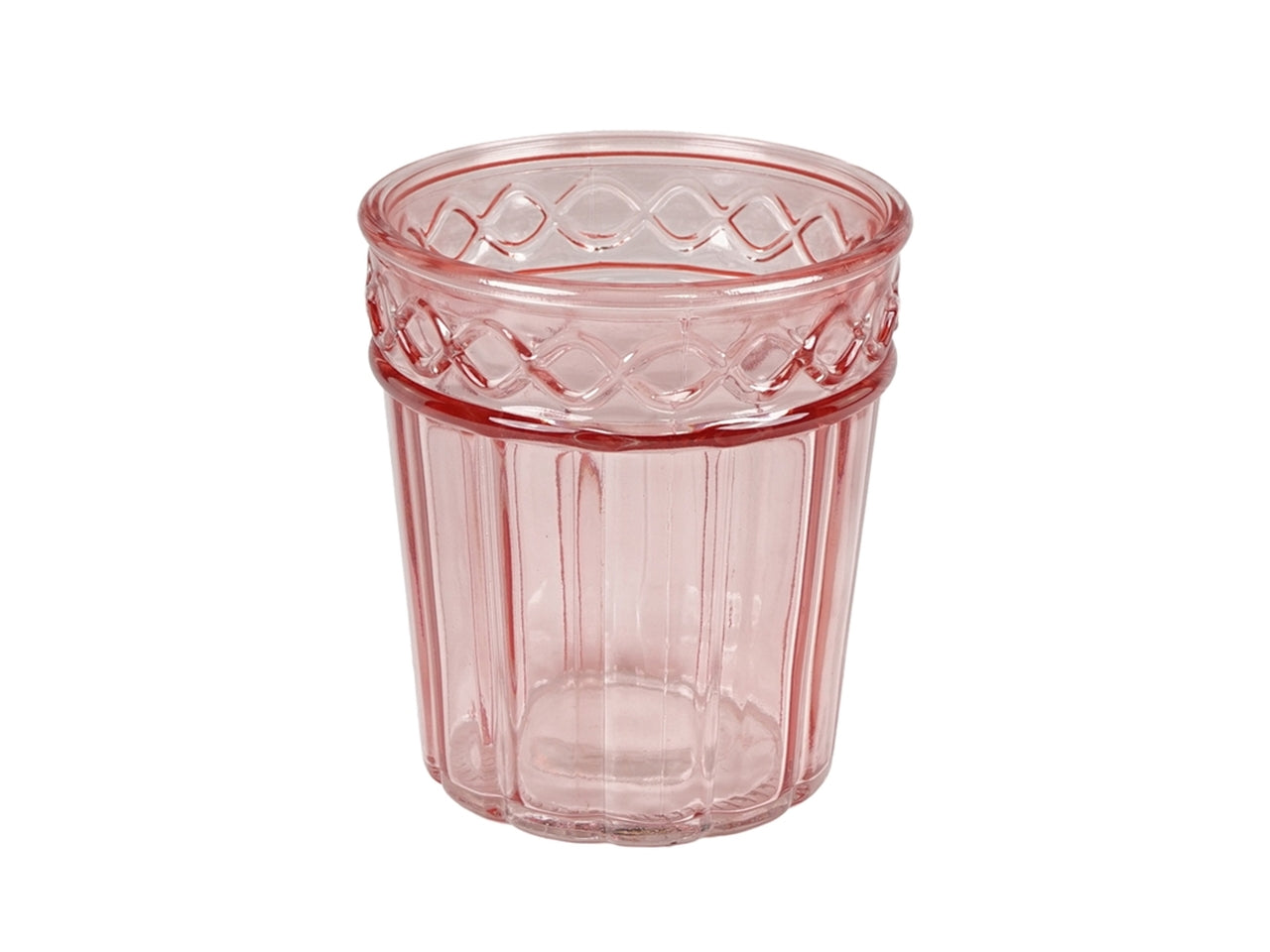 Vaso cachepot moderno per piantine in vetro rosa traslucido con decoro a rilievo - d 13x15 cm- Plà thea