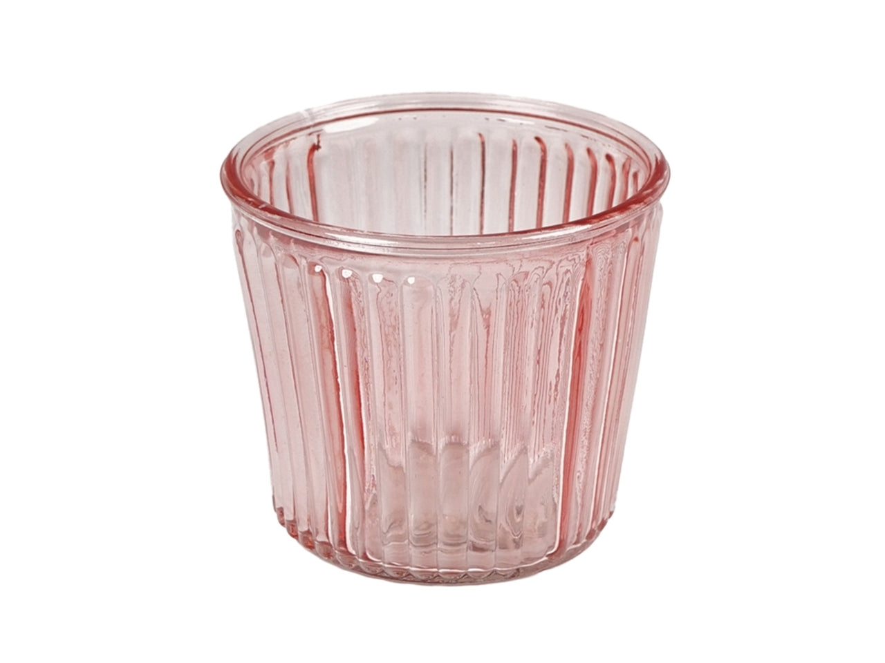 Vaso cachepot moderno per piantine in vetro rosa traslucido con decoro a rilievo, per interno/esterno - d.11x10 cm - Plà thea