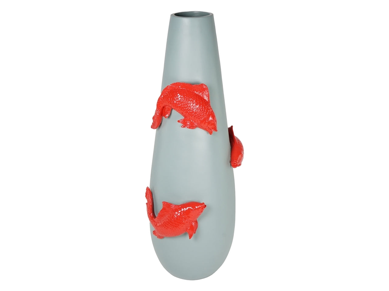 Vaso da fiori orientale in resina con carpe giapponesi a rilievo, celestino e rosso forma cilindrica - altezza 95 cm, diametro 37 cm, - Plà thea