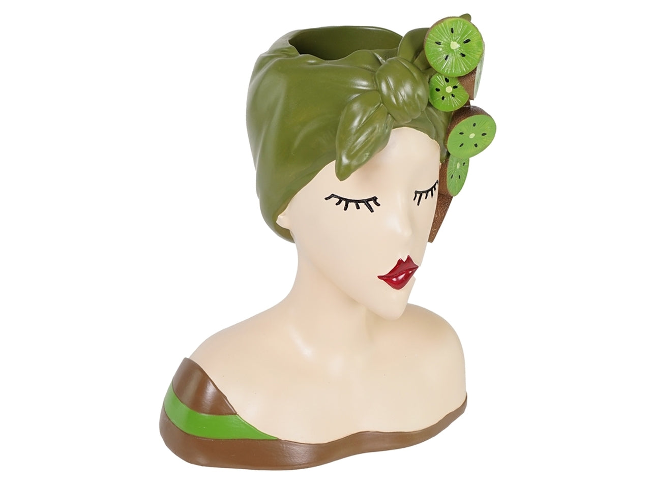Vaso decorativo donna a mezzo busto stile moderno in resina multicolor con decori kiwi a rilievo, ideale per interno e esterno - 18x12x25 cm- Plà thea