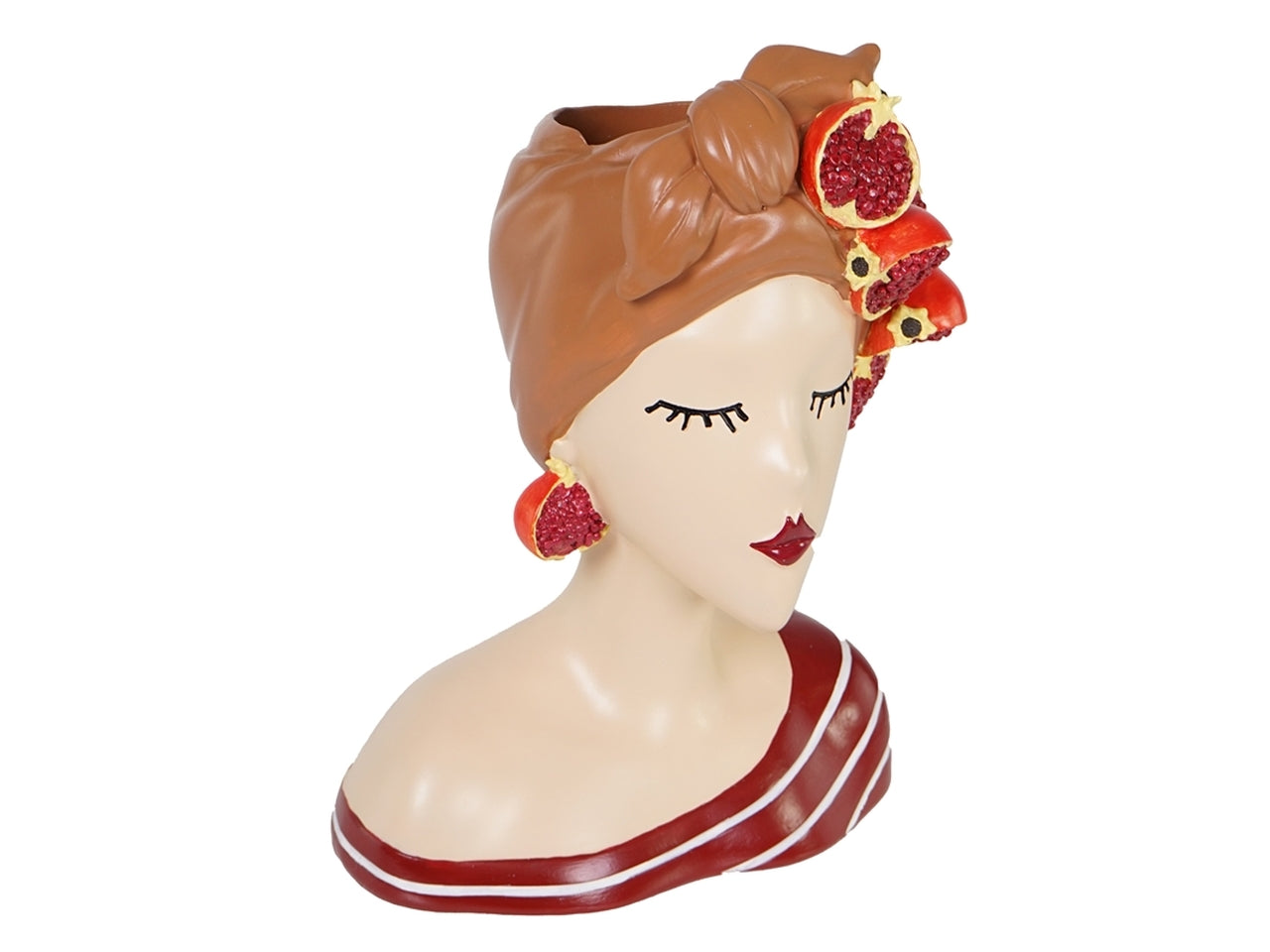 Vaso decorativo donna a mezzo busto stile moderno in resina multicolor con decori melograno a rilievo, ideale per interno e esterno - 18x12x25 cm- Plà thea